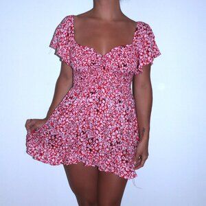 Tiare Hawaii Smocked Off/On Shoulder Mini Dress in Red, White Floral - One Size